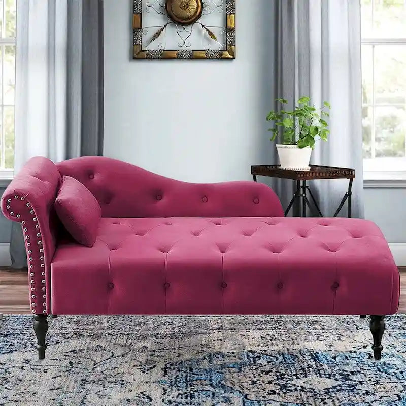 60W Velvet Chaise Lounge, Tufted with Pillow & Nailhead Decorate - 60.6W x 27.5D x 28.3H