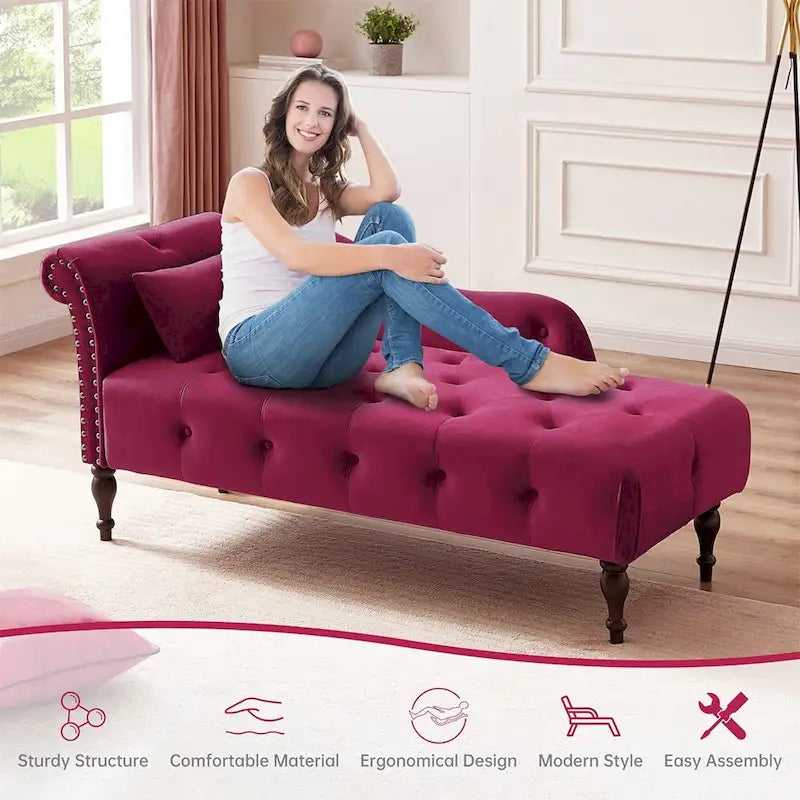 60W Velvet Chaise Lounge, Tufted with Pillow & Nailhead Decorate - 60.6W x 27.5D x 28.3H