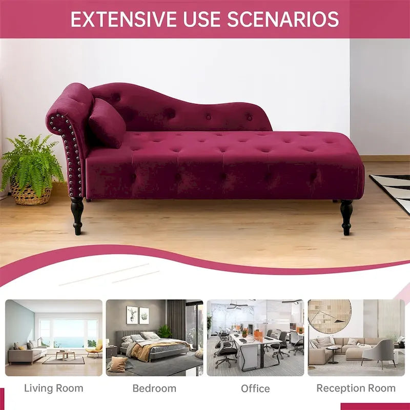 60W Velvet Chaise Lounge, Tufted with Pillow & Nailhead Decorate - 60.6W x 27.5D x 28.3H