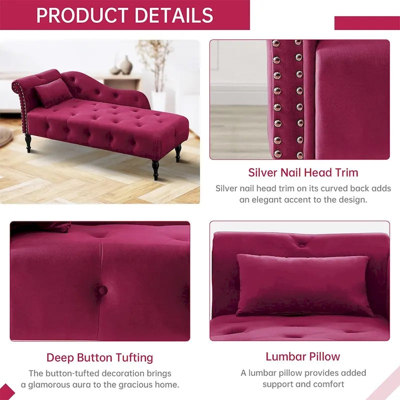 60W Velvet Chaise Lounge, Tufted with Pillow & Nailhead Decorate - 60.6W x 27.5D x 28.3H