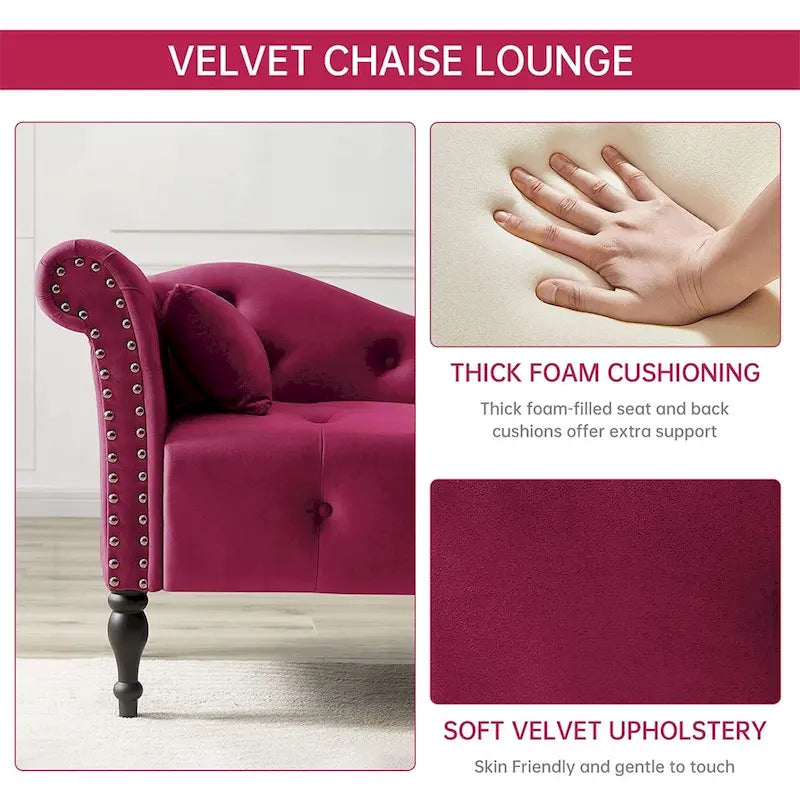 60W Velvet Chaise Lounge, Tufted with Pillow & Nailhead Decorate - 60.6W x 27.5D x 28.3H