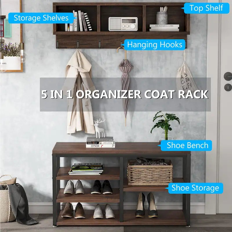 Hall Tree with 7 Hooks, Entryway bench with coat rack