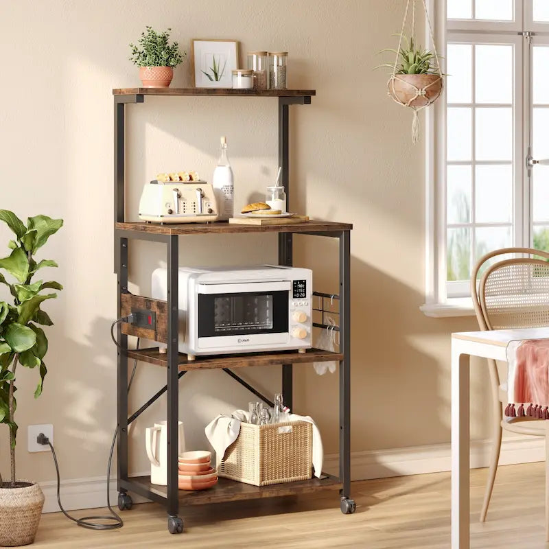 Kitchen Bakers Rack with Storage Shelves &USB Outlets, Microwave Oven Stand Kitchen Shelf Organizer