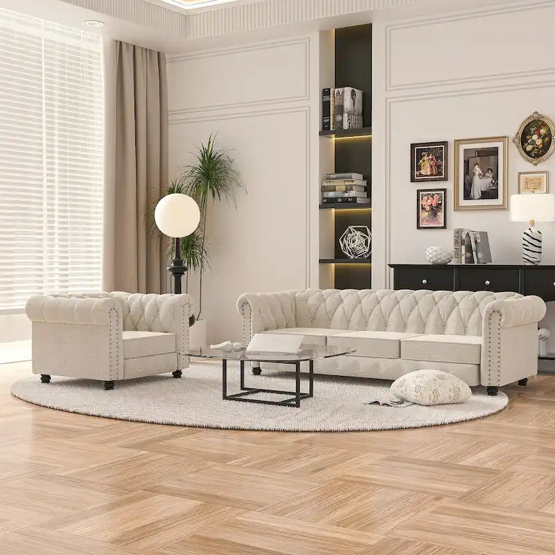 Morden Fort Button Tufted Upholstered Chesterfield Sofa Set Chair and Sofa,2 PCS for Living Room,Linen,Solid Wood Legs