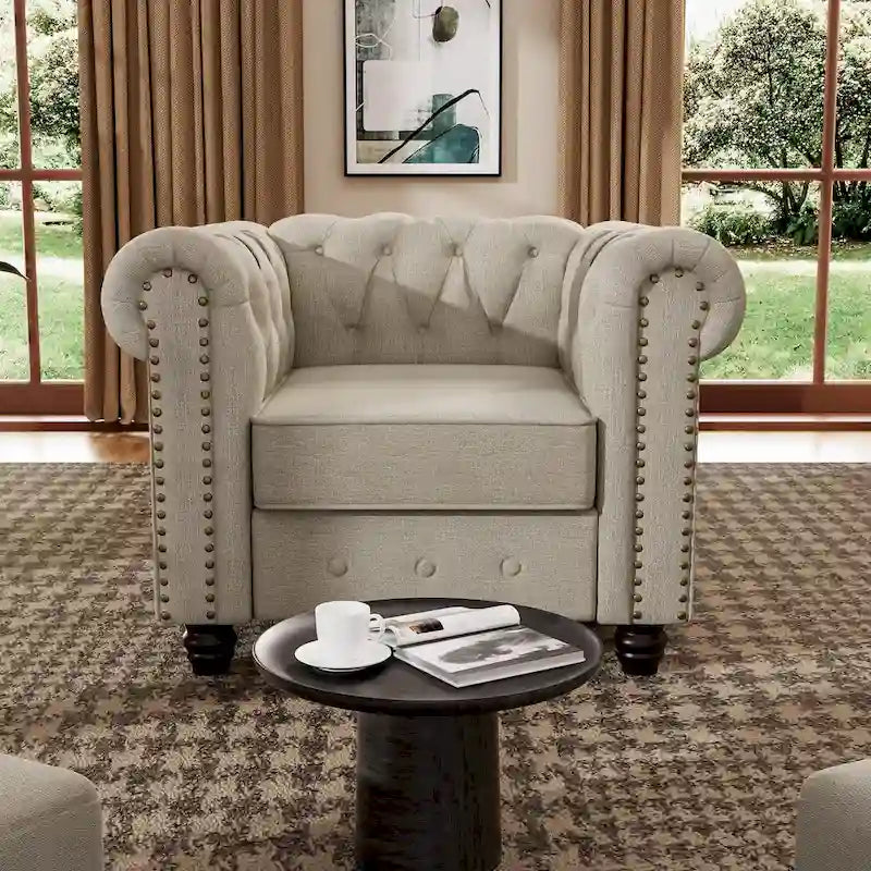 Morden Fort Button Tufted Upholstered Chesterfield Sofa Set Chair and Sofa,2 PCS for Living Room,Linen,Solid Wood Legs