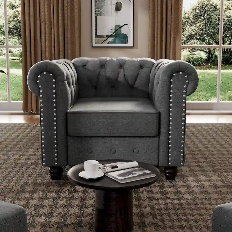 Morden Fort Button Tufted Upholstered Chesterfield Sofa Set Chair and Sofa,2 PCS for Living Room,Linen,Solid Wood Legs