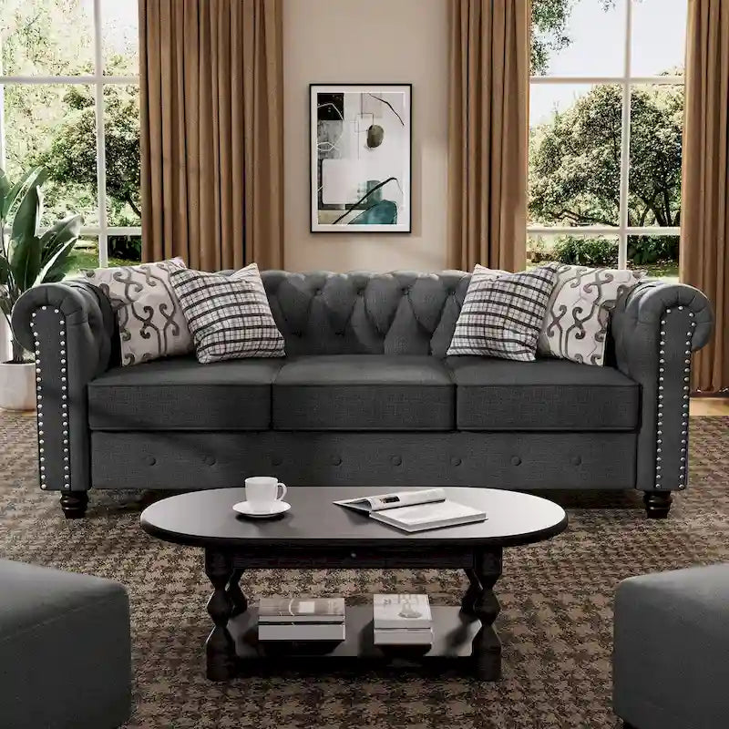 Morden Fort Button Tufted Upholstered Chesterfield Sofa Set Chair and Sofa,2 PCS for Living Room,Linen,Solid Wood Legs
