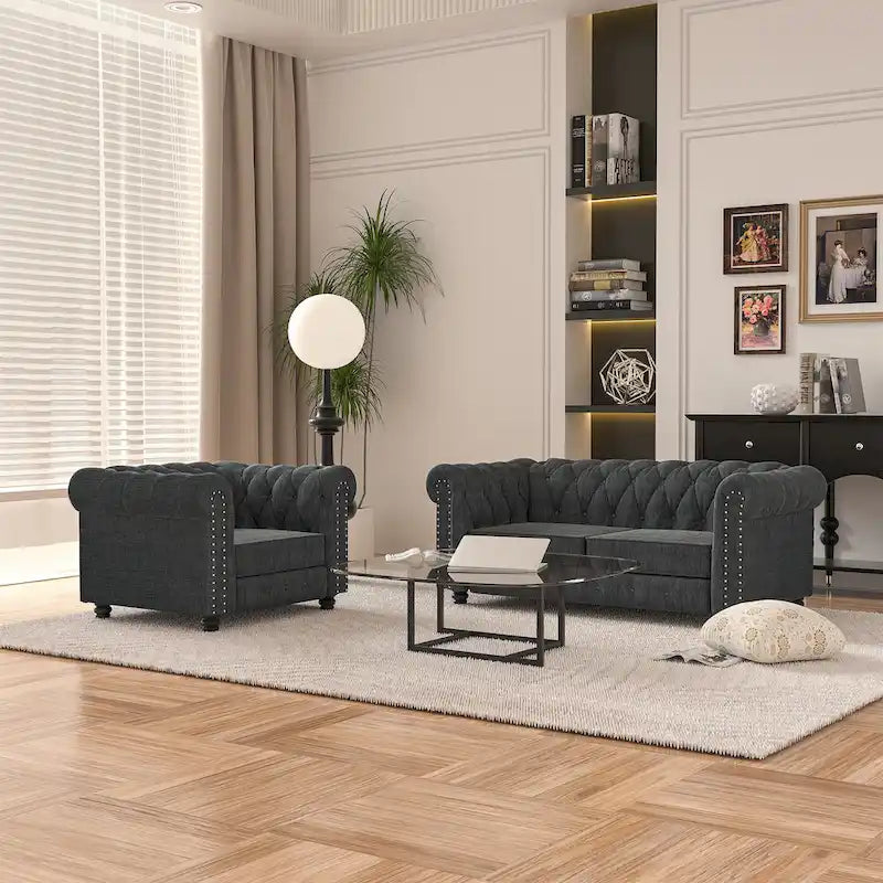 Morden Fort Button Tufted Upholstered Chesterfield Sofa Set Chair and Sofa,2 PCS for Living Room,Linen,Solid Wood Legs