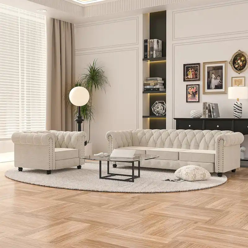 Morden Fort Button Tufted Upholstered Chesterfield Sofa Set Chair and Sofa,2 PCS for Living Room,Linen,Solid Wood Legs