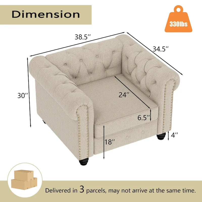 Morden Fort Button Tufted Upholstered Chesterfield Sofa Set Chair and Sofa,2 PCS for Living Room,Linen,Solid Wood Legs