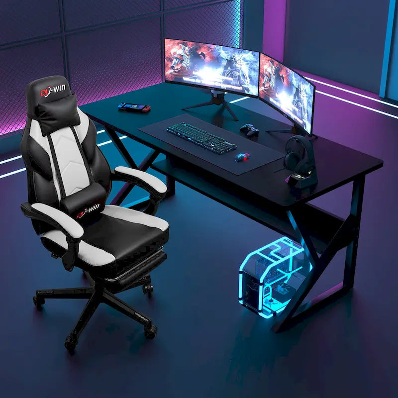 Futzca Gaming Chair PU Leather Office Chair with Headrest, Footrest & Massage Lumbar Support