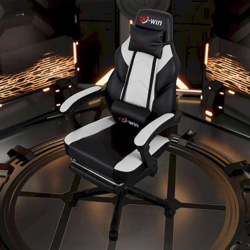 Futzca Gaming Chair PU Leather Office Chair with Headrest, Footrest & Massage Lumbar Support