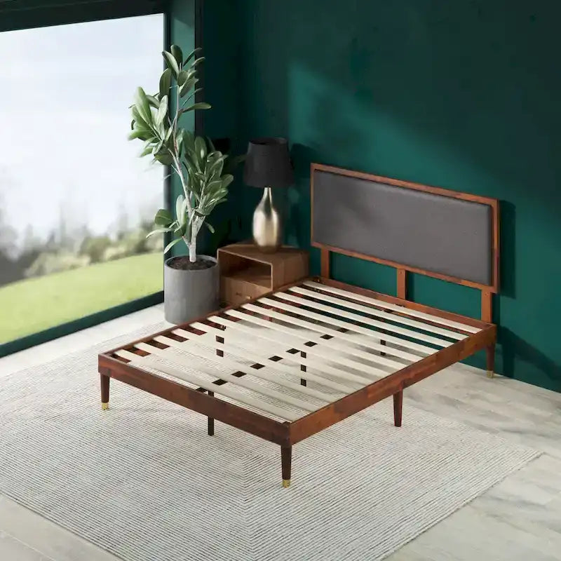 Priage by ZINUS Brown Wood Platform Bed Frame with Adjustable Upholstered Headboard
