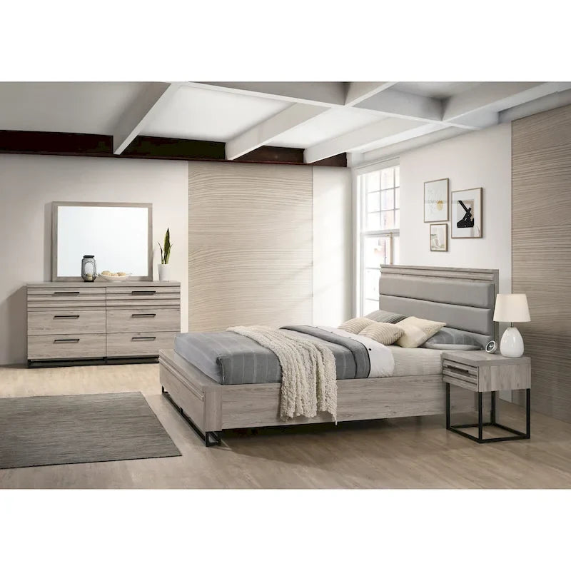 Roundhill Furniture Alvear Upholstered Wood Panel Bed, Dresser, Mirror, and 2 Nightstands, Weathered Gray