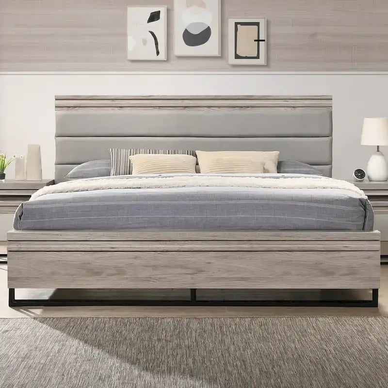 Roundhill Furniture Alvear Upholstered Wood Panel Bed, Dresser, Mirror, and 2 Nightstands, Weathered Gray