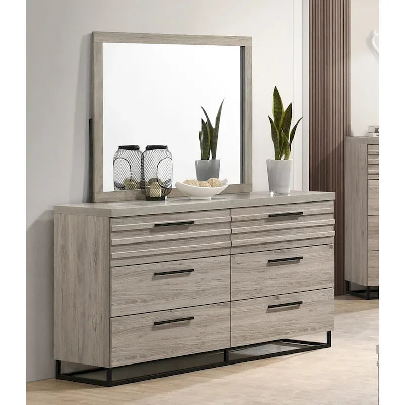 Roundhill Furniture Alvear Upholstered Wood Panel Bed, Dresser, Mirror, and 2 Nightstands, Weathered Gray
