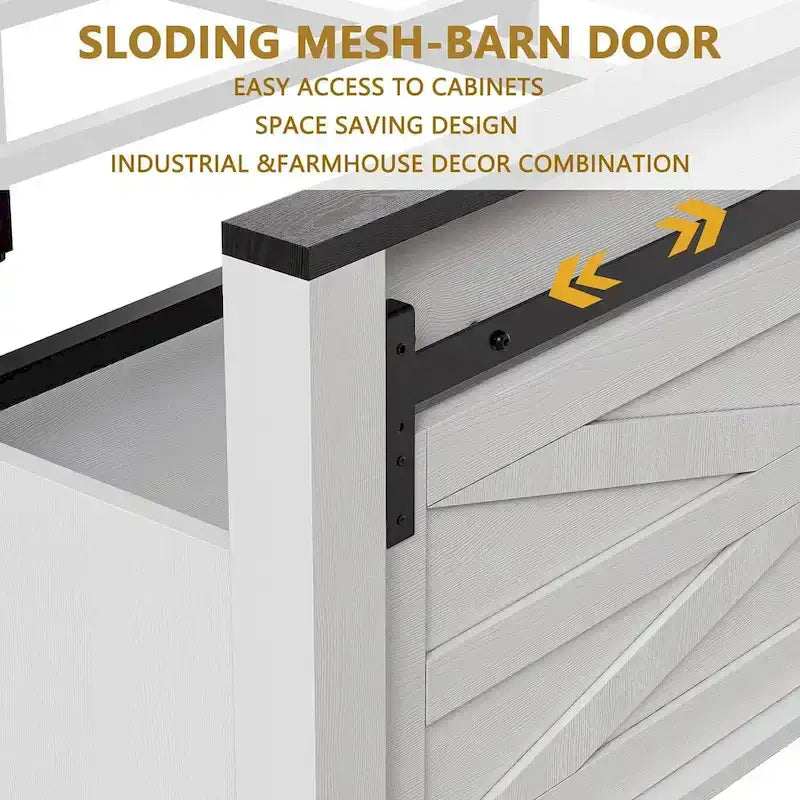 Queen Bed Frame, Farmhouse Wood Bed Frame Queen Size with Sliding Barn Door and Storage