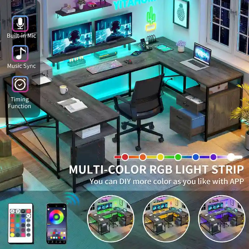 Moasis U-Shaped L-Shaped LED Computer Desk Reversible Corner Home Office Gaming Desk with Power Outlets