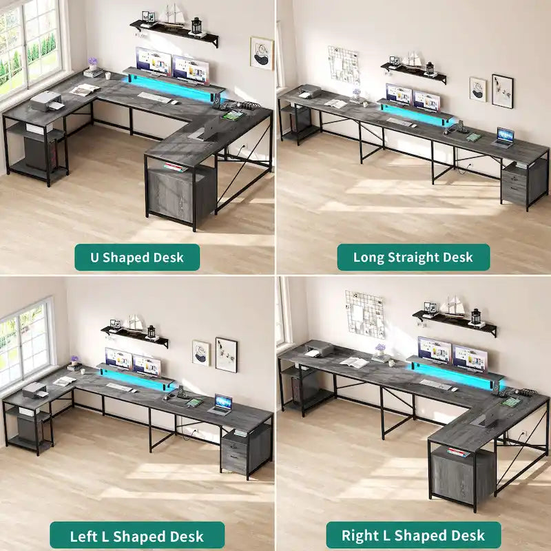 Moasis U-Shaped L-Shaped LED Computer Desk Reversible Corner Home Office Gaming Desk with Power Outlets