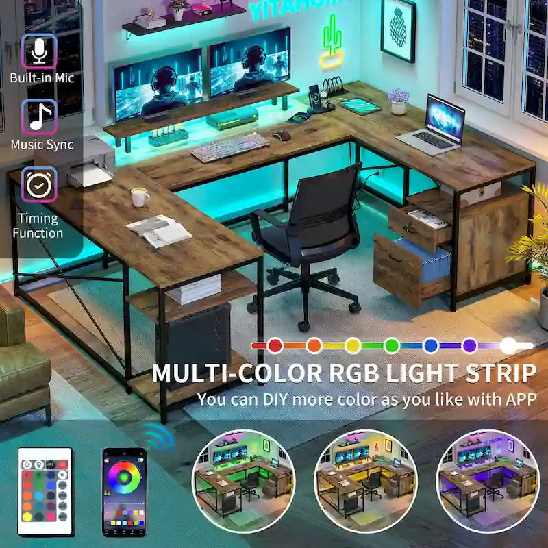 Moasis U-Shaped L-Shaped LED Computer Desk Reversible Corner Home Office Gaming Desk with Power Outlets