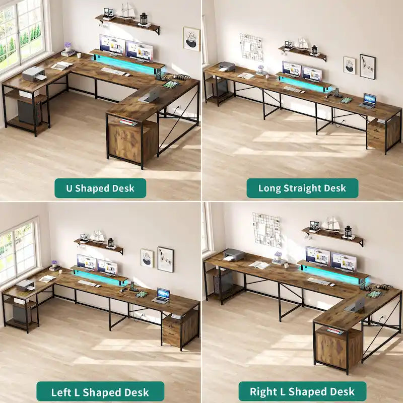 Moasis U-Shaped L-Shaped LED Computer Desk Reversible Corner Home Office Gaming Desk with Power Outlets