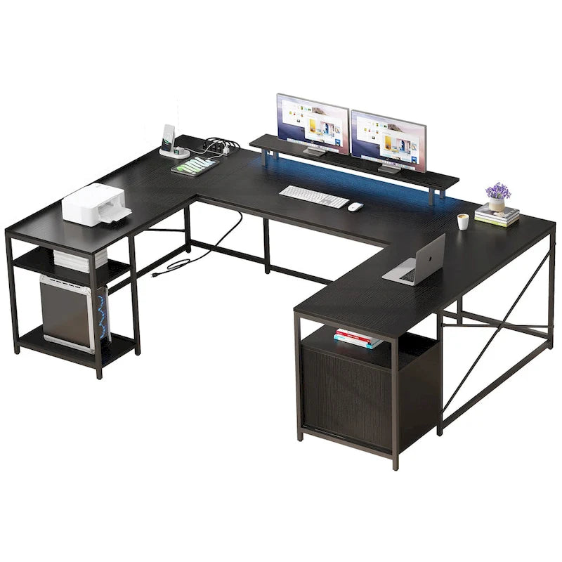 Moasis U-Shaped L-Shaped LED Computer Desk Reversible Corner Home Office Gaming Desk with Power Outlets