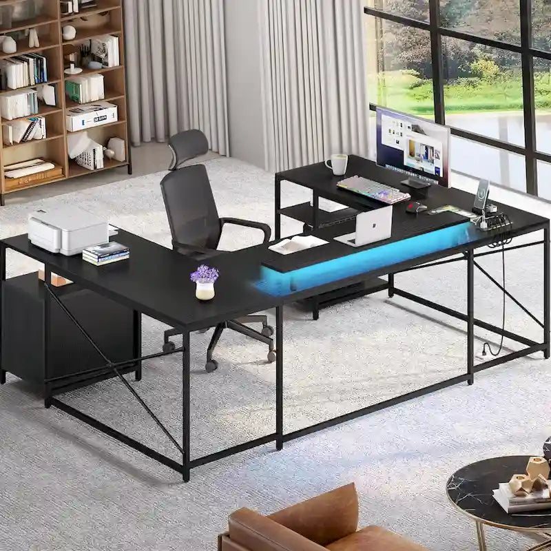 Moasis U-Shaped L-Shaped LED Computer Desk Reversible Corner Home Office Gaming Desk with Power Outlets