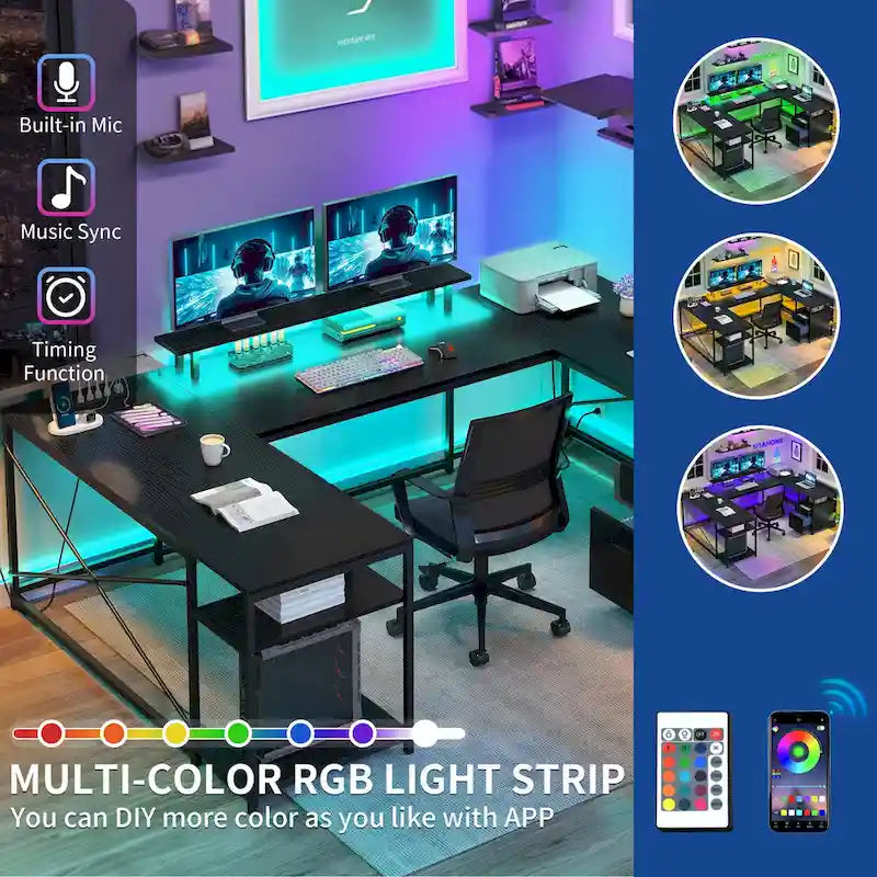 Moasis U-Shaped L-Shaped LED Computer Desk Reversible Corner Home Office Gaming Desk with Power Outlets