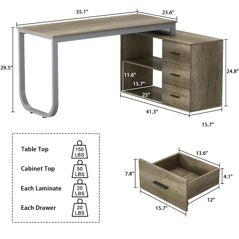 55-inch Timechee L-shaped Storage Computer Desk
