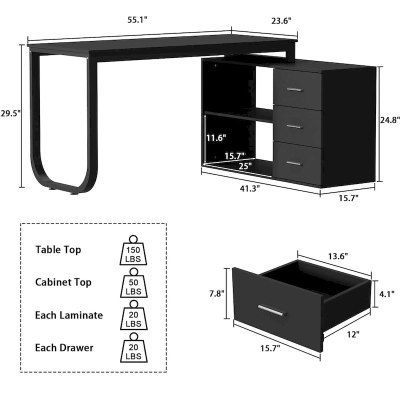 55-inch Timechee L-shaped Storage Computer Desk