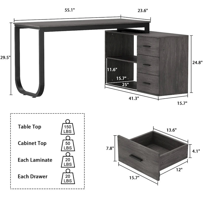 55-inch Timechee L-shaped Storage Computer Desk