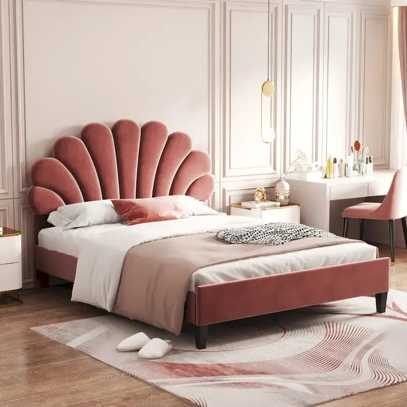Full Size Upholstered Platform Bed with Flower Headboard