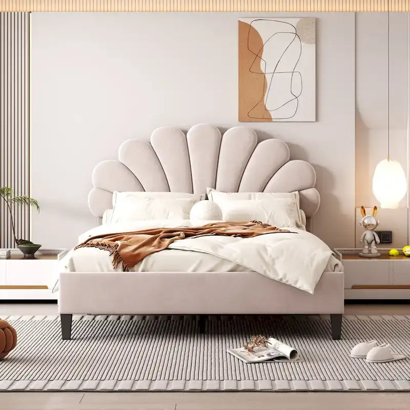 Full Size Upholstered Platform Bed with Flower Headboard