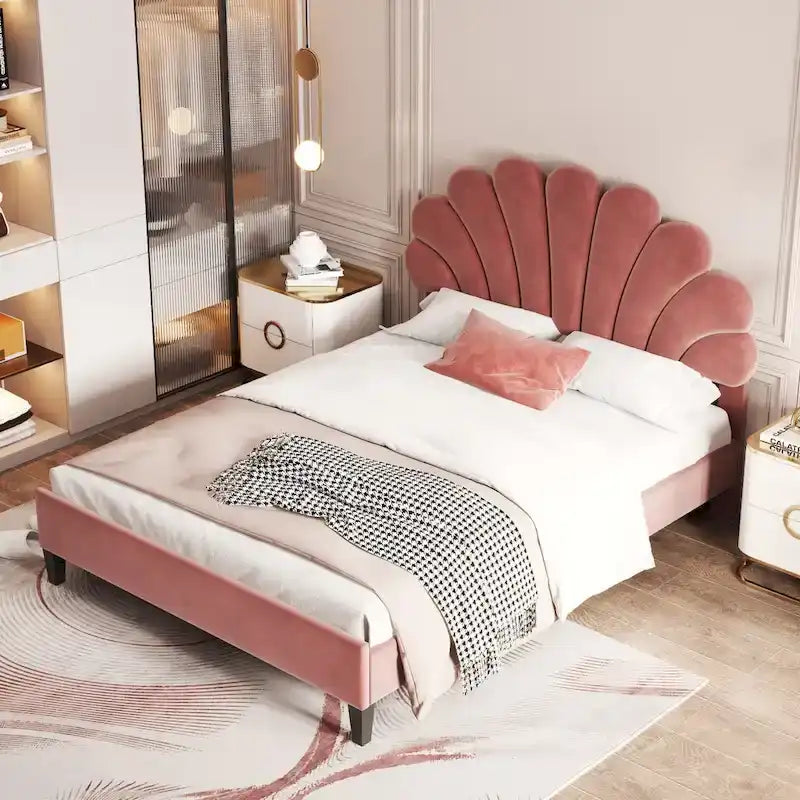 Full Size Upholstered Platform Bed with Flower Headboard