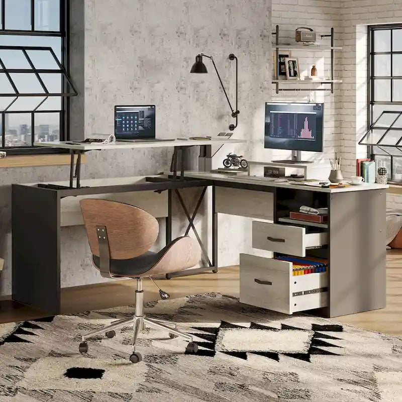 55.7 Uplift L Shaped Computer Desk with Drawers & Monitor Stand