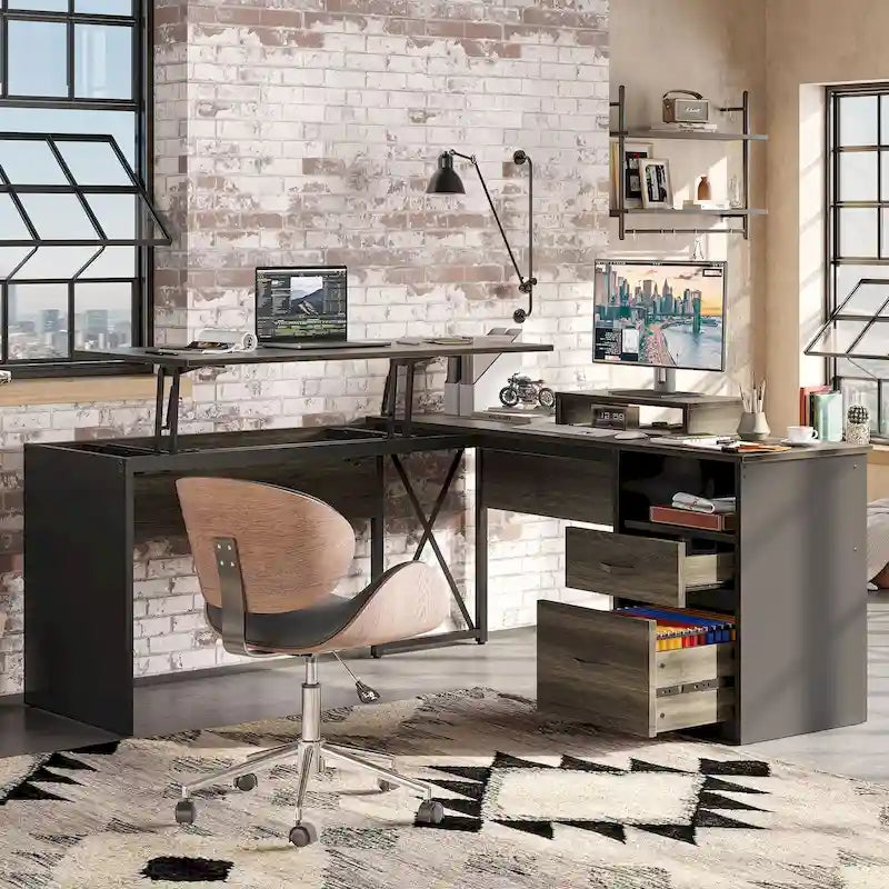 55.7 Uplift L Shaped Computer Desk with Drawers & Monitor Stand