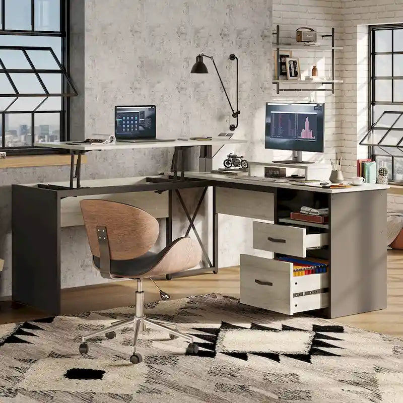 55.7 Uplift L Shaped Computer Desk with Drawers & Monitor Stand