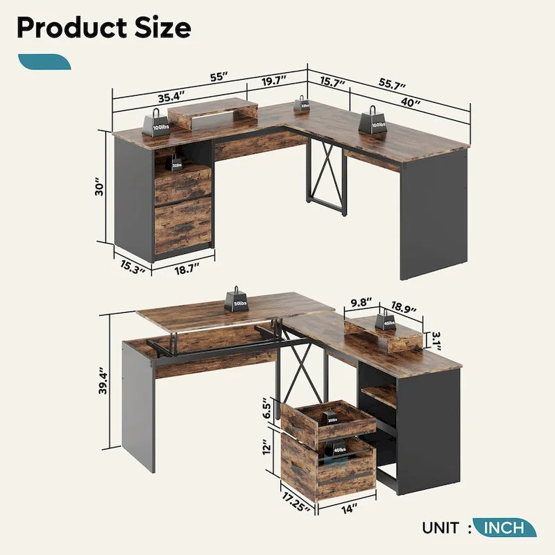 55.7 Uplift L Shaped Computer Desk with Drawers & Monitor Stand