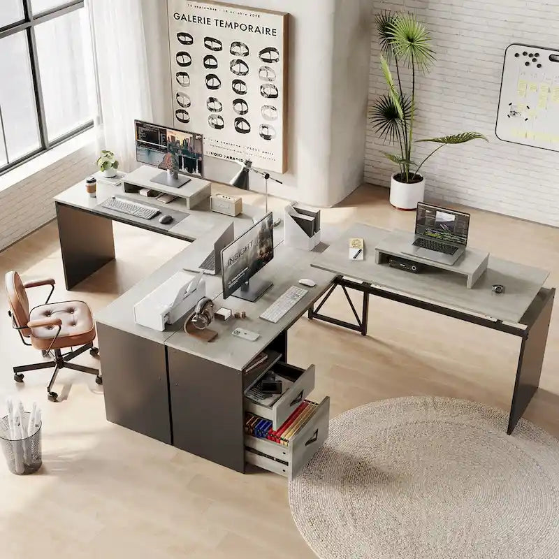 55.7 Uplift L Shaped Computer Desk with Drawers & Monitor Stand