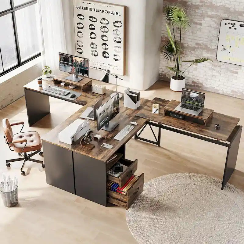55.7 Uplift L Shaped Computer Desk with Drawers & Monitor Stand