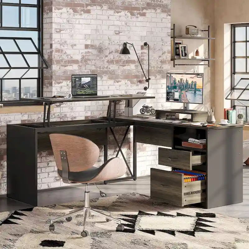 55.7 Uplift L Shaped Computer Desk with Drawers & Monitor Stand