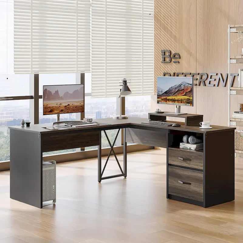 55.7 Uplift L Shaped Computer Desk with Drawers & Monitor Stand
