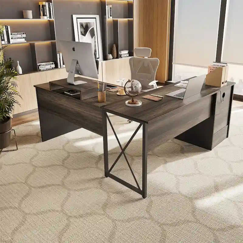 55.7 Uplift L Shaped Computer Desk with Drawers & Monitor Stand