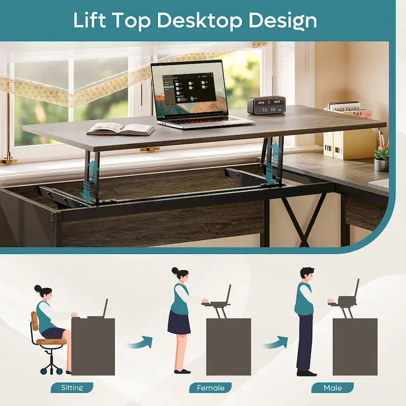 55.7 Uplift L Shaped Computer Desk with Drawers & Monitor Stand