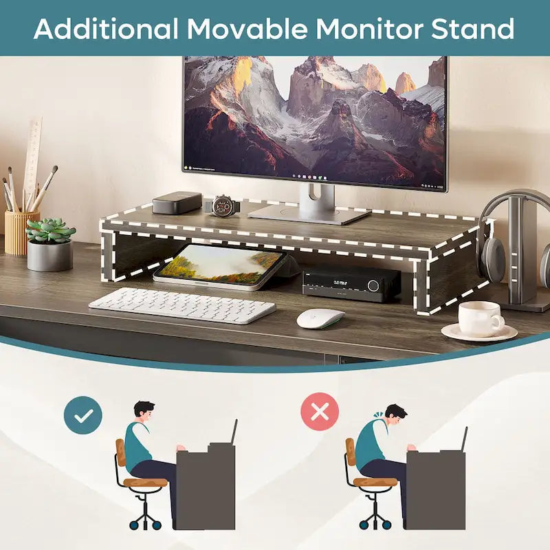 55.7 Uplift L Shaped Computer Desk with Drawers & Monitor Stand