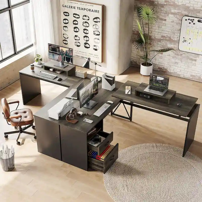55.7 Uplift L Shaped Computer Desk with Drawers & Monitor Stand