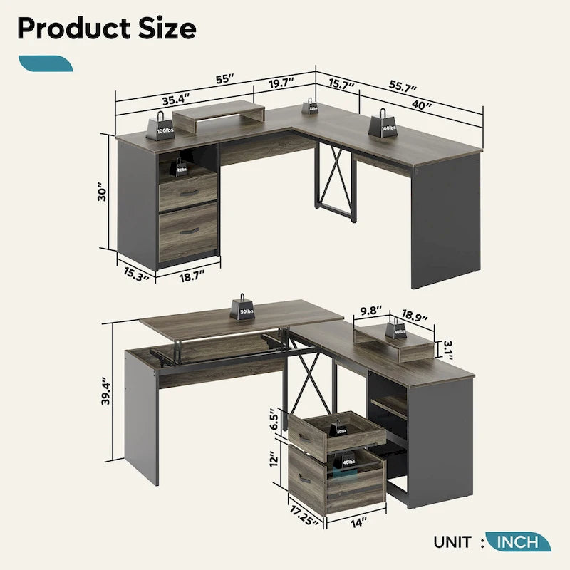 55.7 Uplift L Shaped Computer Desk with Drawers & Monitor Stand