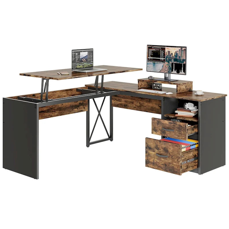 55.7 Uplift L Shaped Computer Desk with Drawers & Monitor Stand