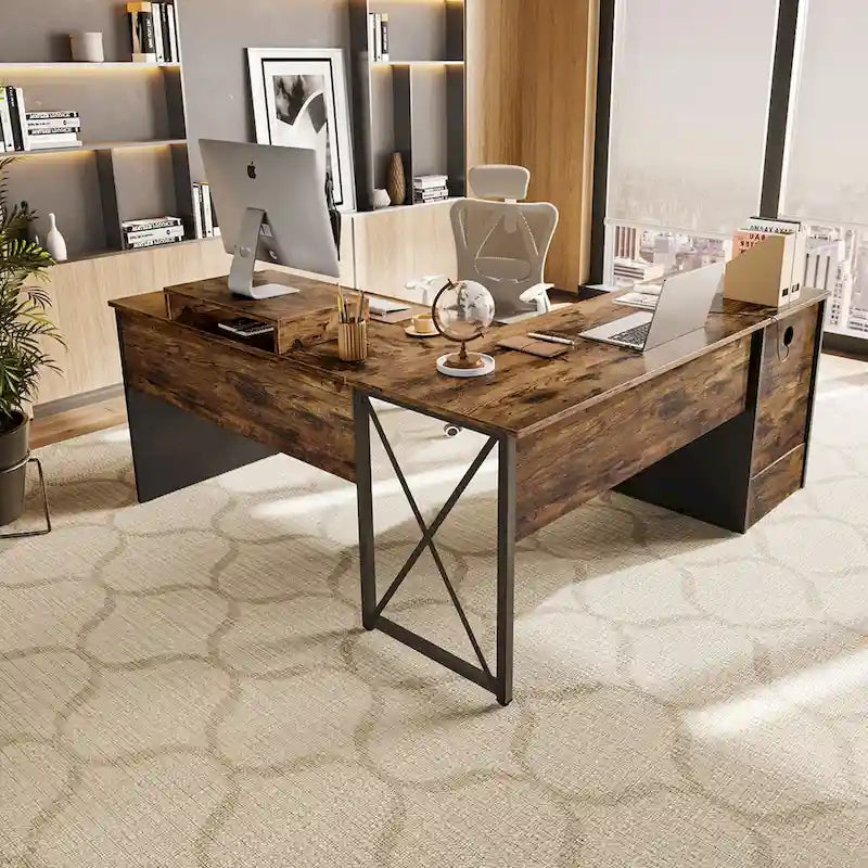 55.7 Uplift L Shaped Computer Desk with Drawers & Monitor Stand