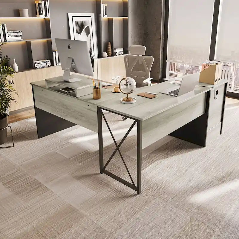 55.7 Uplift L Shaped Computer Desk with Drawers & Monitor Stand